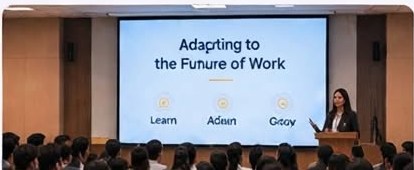 A speaker presenting 'Adapting to the Future of Work' to an audience