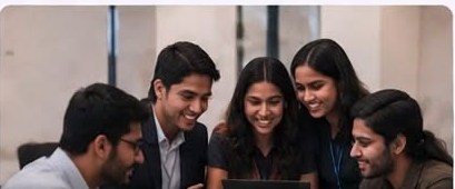 A group of students gathered around a laptop during a practical session