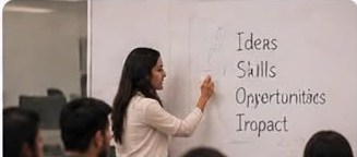 A facilitator writing ideas on a whiteboard during an interactive workshop